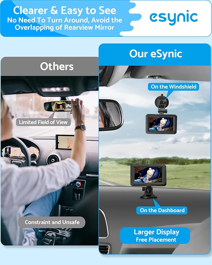 eSynic Baby Car Camera with 4.3 Inch Screen Backseat Baby Monitor 1080P HD Night Vision USB-Powered 360° Rotating Lens 150° Wide Angle 8 LEDs for Baby Car Seat Monitoring Driving Safety