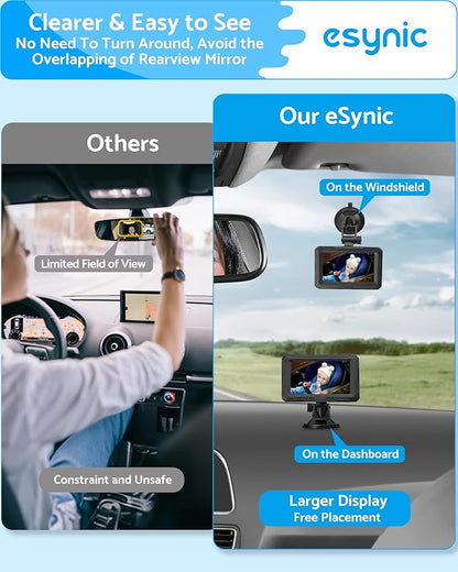 eSynic Baby Car Camera with 4.3 Inch Screen Backseat Baby Monitor 1080P HD Night Vision USB-Powered 360° Rotating Lens 150° Wide Angle 8 LEDs for Baby Car Seat Monitoring Driving Safety