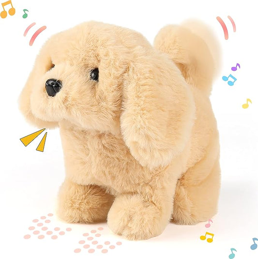 Hopearl Walking Dog Golden Retriever Interactive Electronic Pet Plush Toy Puppy Woof and Moving Animated Nodding Head Gifts for Toddlers Birthday, Brown 7''
