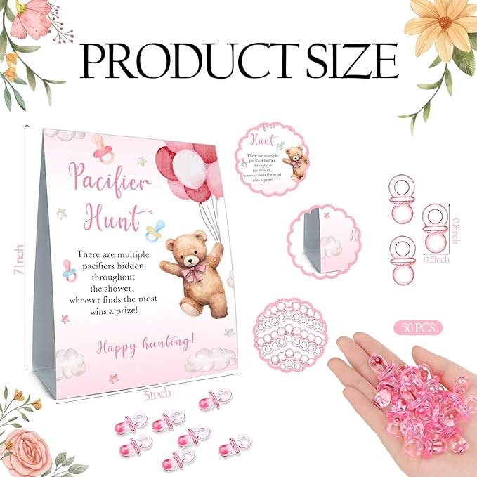 Winnie Pacifier Hunt Sign, Mini Pacifiers Baby Shower Game Set 50Pcs Pooh 5 * 7IN