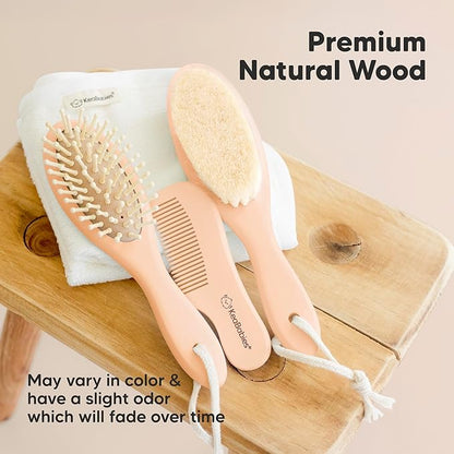 Baby Hair Brush and Comb Set for Newborn - Wooden Baby Hair Brush Set with Soft Goat Bristle, Baby Brush Set for Newborns, Baby Brush and Comb Set Girl, Boy, Toddler Cradle Cap Brush (Oval, Peach)