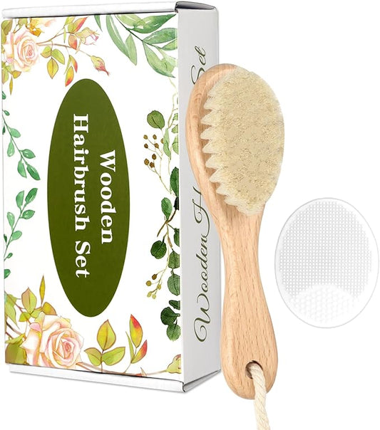 Wooden Soft Goat Bristles Brush with Baby Silicone Hair Scrubber Cradle Cap Brush for Newborn, Toddler, Infant, Baby Hair Care Kit (White)