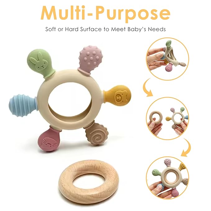 [BabyBite] Baby Teething Toys Silicone and Beechwood Baby Teether Ring 100% BPA 0M+