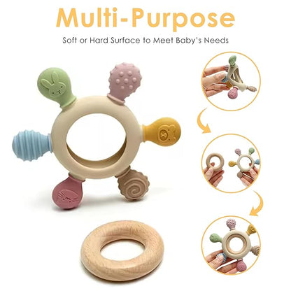 [BabyBite] Baby Teething Toys Silicone and Beechwood Baby Teether Ring 100% BPA 0M+
