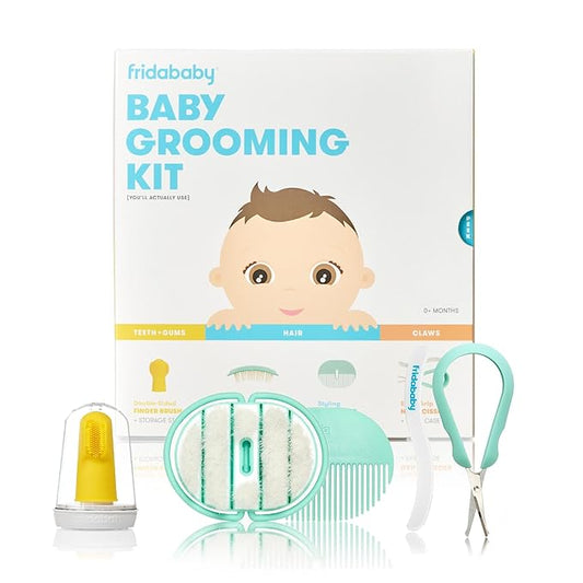Frida Baby Grooming Kit | Baby Essentials Gift Set Includes Finger Brush with Storage Stand, Hair Brush with Case