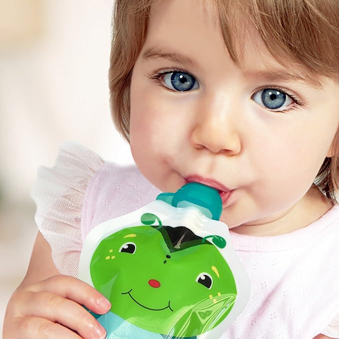 ChooMee SoftSip Food Pouch Top | Baby Led Weaning | No Spill Flow Control Valve, Protects Childs Mouth, 100% Silicone, BPA Free | Orange Aqua, 4 CT