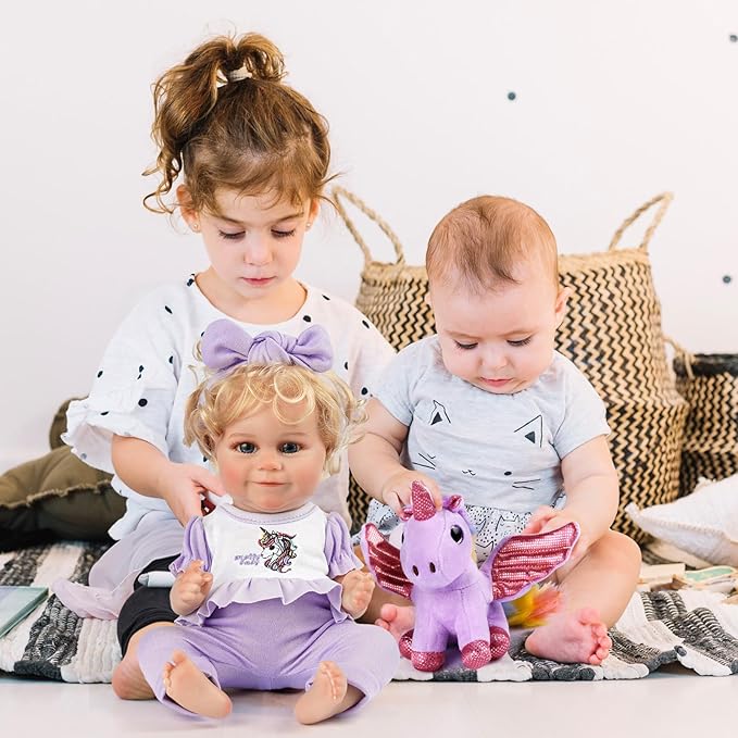 JIZHI 7 Pcs Reborn Baby Doll Clothes with Baby Doll Accessories Set for 8-9-10 Inch Dolls, Floral Pattern Baby Doll Bassinet and Unicorn Toy for Realistic Baby Doll Girls