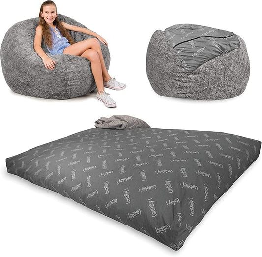 CordaRoy's Faux Fur Bean Bag Chair, Convertible Chair Folds from Bean Bag to Lounger, As Seen on Shark Tank, Grey - Full Size