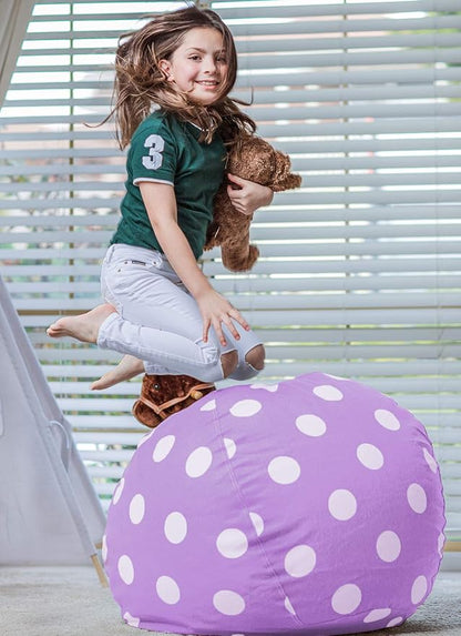 Wekapo Stuffed Animal Storage Bean Bag Chair Cover for Kids | Stuffable Zipper Beanbag for Organizing Children Plush Toys Large Premium Cotton Canvas (Purple Dot, X-Large)