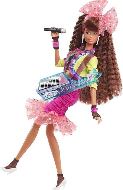 Barbie Rewind 80s Edition Dolls’ Night Out Doll, Brunette in Party Look Featuring Neon Jacket, Skirt & Accessories with Cassette Tape Doll Stand