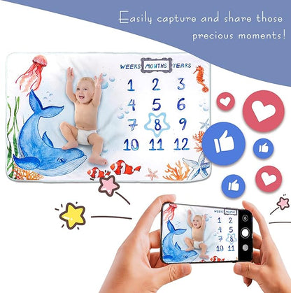 Baby Milestone Blanket| Original Design Baby Monthly Milestone Blanket Boy Girl 60'x40' Ocean