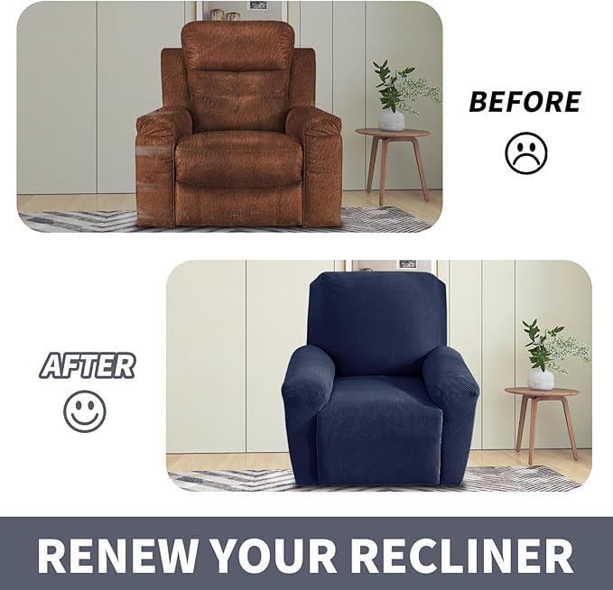 JIVINER Recliner Chair Covers, Jacquard 3 Piece Slipcovers for Recliner Chair Soft Stretch Lazy Boy 1 Seater Reclining Protector with Pockets (Recliner, Navy Blue)