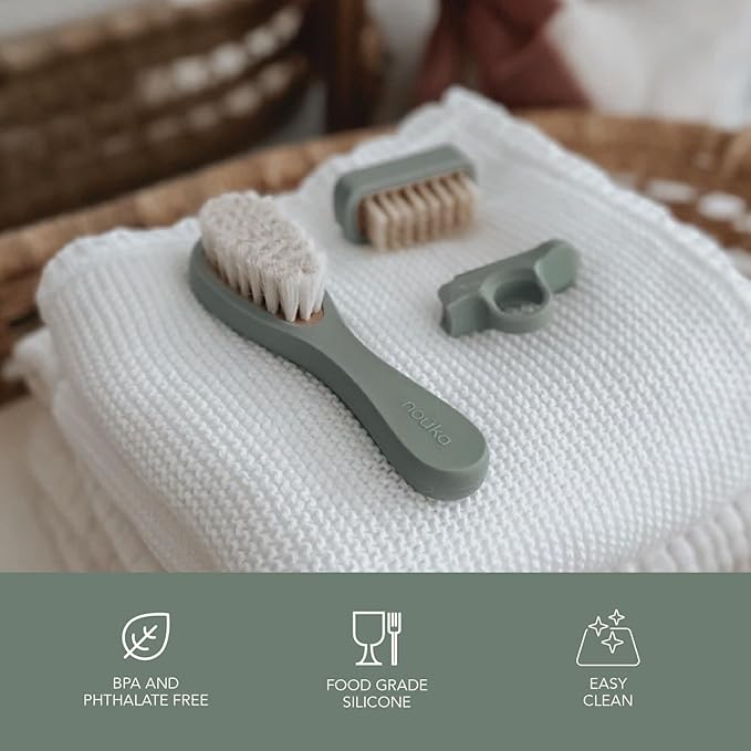nouka Baby Care Kit Set | Ultra-Soft Natural Bristle Hair Brush, Nail Clippers & Nail Brush | Wood with Silicone Sleeve | Bloom