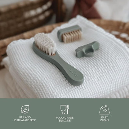 nouka Baby Care Kit Set | Ultra-Soft Natural Bristle Hair Brush, Nail Clippers & Nail Brush | Wood with Silicone Sleeve | Bloom