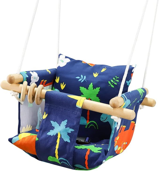 DILIMI Wooden Baby Swing Toddler Swing Indoor & Outdoor Infant Hanging Swing Chair with Canvas Cushion, Swing Sets for Backyard