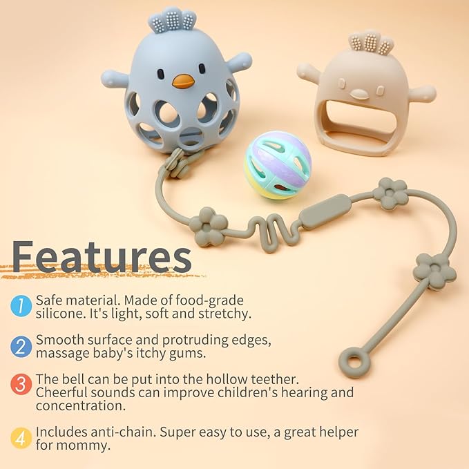 Baby Sensory 4-Piece Teething Toy Set: Hollow Chicken Teether, Mittens 6-Months (Blue/Beige)