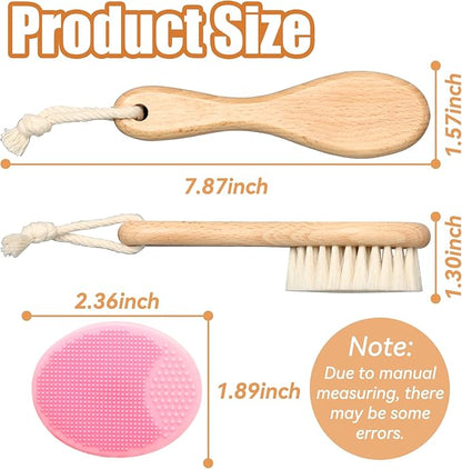 Wooden Soft Goat Bristles Brush with Baby Silicone Hair Scrubber Cradle Cap Brush for Newborn, Toddler, Infant, Baby Hair Care Kit (Pink)