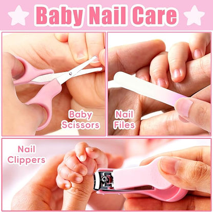 Baby Grooming Kit, Infant Safety Care Set with Baby Nose Aspirator，Baby Hair Brush Comb Nail Clipper Nasal Aspirator,Baby Essentials Kit for Newborn Girls Boys (17 Pc Pink Kit)