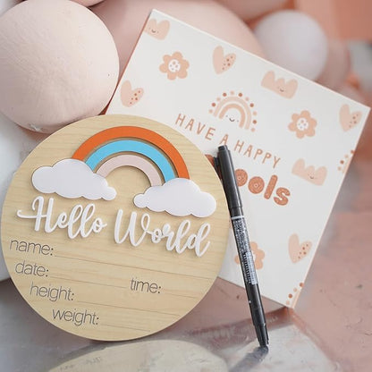 Wooden Baby Announcement Sign, Hello World Rainbow 1 Piece, 3 Customizable 3D Dimensional,