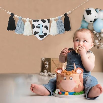 Holy Cow 1st Tassels Banner Birthday Decorations Boy - First Highchair Tassels Banner, High Chair Tassels Wood Beads Garland Party Supplies