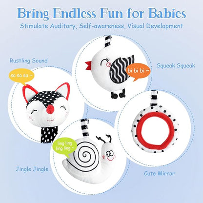Car Seat Toys for Babies 0-6 Months Boy Girl Carseat Toys Hanging, Black and White High Contrast Baby Toy for Newborn, Baby Infant Sensory for Crib Mobile Carseat Stroller, Gift for 0 3 6 9 12 Months
