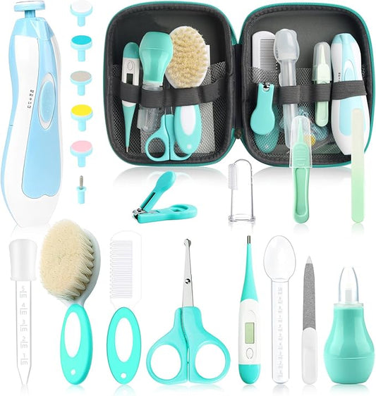 Baby Grooming Kit, Electric Safety Nail Trimmer Baby Nursery Kit，Infant Safety Care Set with Hair Brush Comb Nail Clipper Nasal Aspirator,Baby Essentials Kit for Newborn Girls Boys (20 Pc Green Kit)