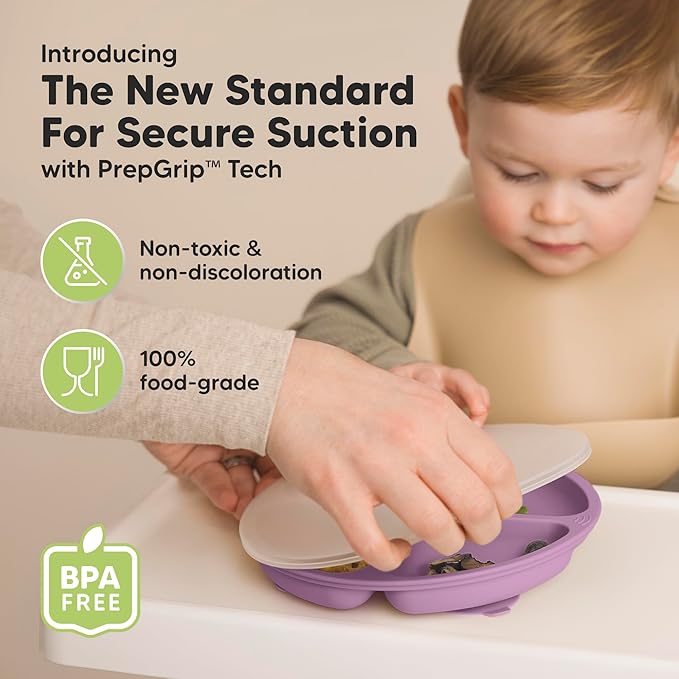 KeaBabies Suction Plates with Lids for Baby - 3-Pack 100% Silicone Suction Plates for Baby, Kids,Toddler Plates,Divided Baby Plates with Suction,Lids, BPA-Free, Microwave, Dishwasher Safe (Amethyst)
