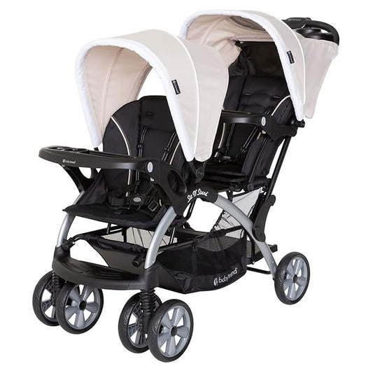 Baby Trend Double Infant and Toddler Stroller w/ Harness and Basket, Sit N' Stand, Khaki