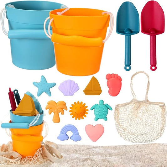Hungdao 14 Pcs Silicone Beach Toys Travel Beach Set Sand Toys Include 2 Silicone Bucket Pail, 2 Shovel 9 Sand 1 Beach