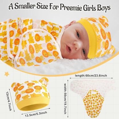 Buryeah 4 Pack Preemie Swaddle Blanket Wrap Set with Hat for Baby Boys Girls 3-7 Lbs Preemie Newborn Clothes Sleepers Cap