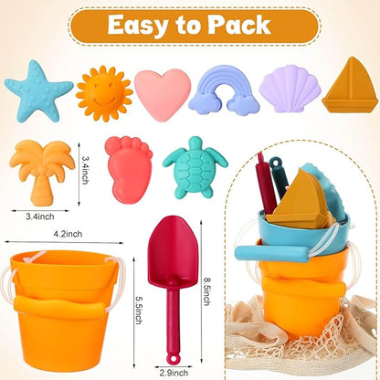 Hungdao 14 Pcs Silicone Beach Toys Travel Beach Set Sand Toys Include 2 Silicone Bucket Pail, 2 Shovel 9 Sand 1 Beach