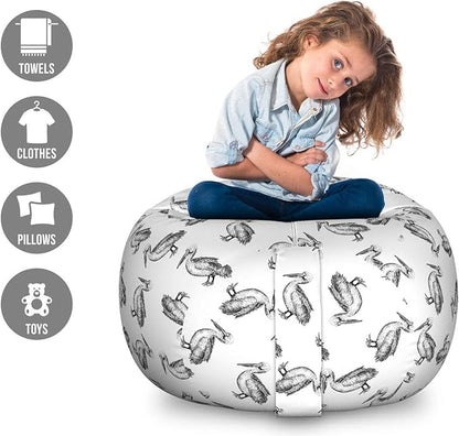 Lunarable Pelican Storage Toy Bag Chair, Pattern of Animals in Hand Drawn Sketch Style Monochrome Birds Print, Stuffed Animal Organizer Washable Bag, Large Size, White Black