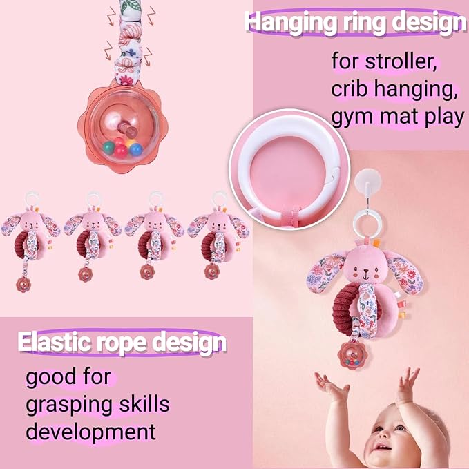 Baby Stroller Hanging Car Seat Toys for Infants 0-6 Months Girl Boy 3-4-5-6-12-18 Month Newborn Shower Gifts, Carseat Activity Sensory Toy for Babies Play Gym Travel Rattle, Crinkle, Squeaky