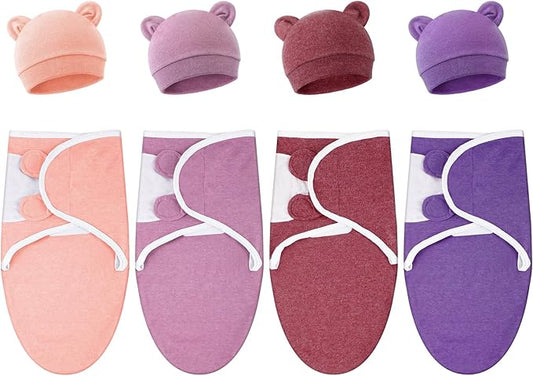 Buryeah 4 Pack Preemie Swaddle Blanket Wrap Set with Hat for Baby Boys Girls 3-7 Lbs Preemie Newborn Clothes Sleepers Cap