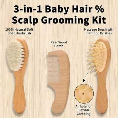 Goat Baby Hair Brush Set, Wooden Comb Massage Scalp Comb