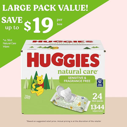 Sensitive Baby Wipes, Huggies Natural Care Baby Diaper Wipes, Unscented, Hypoallergenic, 99% Purified Water, 24 Soft Pack (1344 Wipes Total)