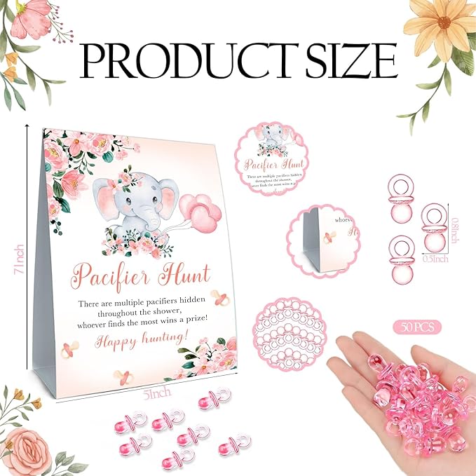Pacifiers Hunt for Baby Shower Game, Mini Pacifiers Baby Shower Games Set 50 Pink