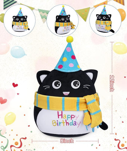 Stuffed Cat Birthday Plush Gift - Adorable Black Cat Stuffed Doll, Cute Birthday Hat and Scarf, Soft Huggable for Kids, Cute Decor, 8 Inch