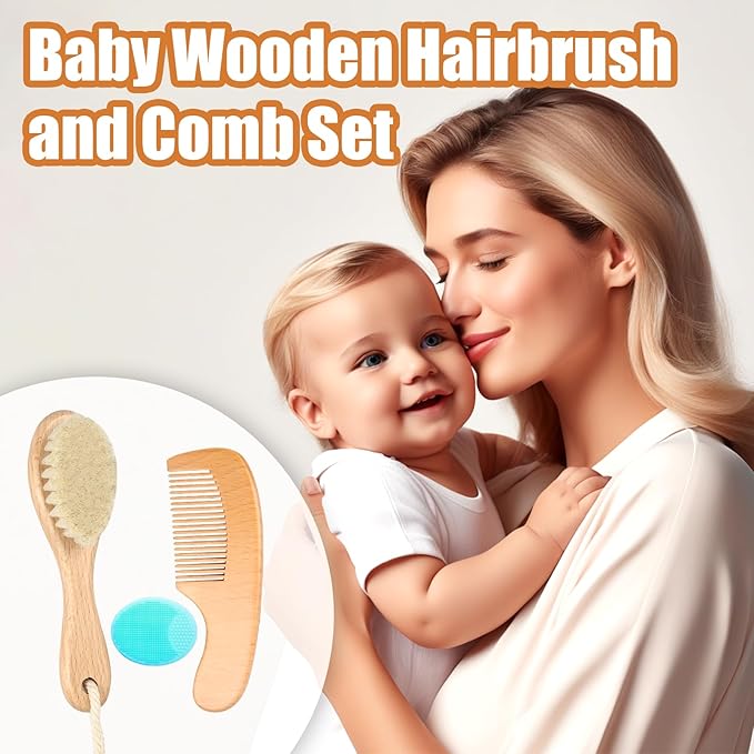 Wooden Baby Hair Brush and Comb Set, 3Pcs Natural Soft Goat Bristles Brush Cradle Cap Comb Baby Shower Scrubber Perfect Scalp Grooming Product for Newborns, Toddlers, Infant (Green)