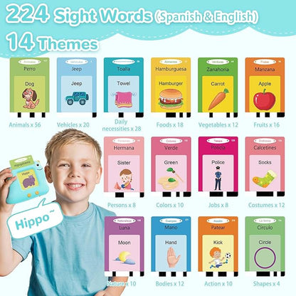 Bilingual Talking Flash Cards Spanish/English, Learning Sensory Toys for Autistic Children, 224 Sight Words Español Speech Therapy Kids Toys Beginner, Birthday Gift for Little Boys and Girls