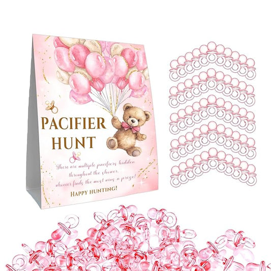 Winnie Pacifier Hunt Sign, Mini Pacifiers Baby Shower Game Set 50Pcs Pink