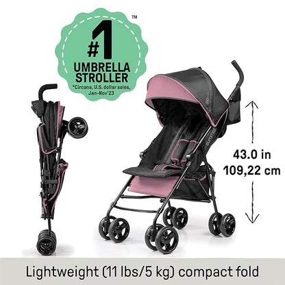 Summer by Ingenuity 3D Mini Convenience Stroller – Lightweight Stroller with Compact Fold, Multi-Position Recline, Canopy with Pop Out Sun Visor and More – Umbrella Stroller for Travel, Pink