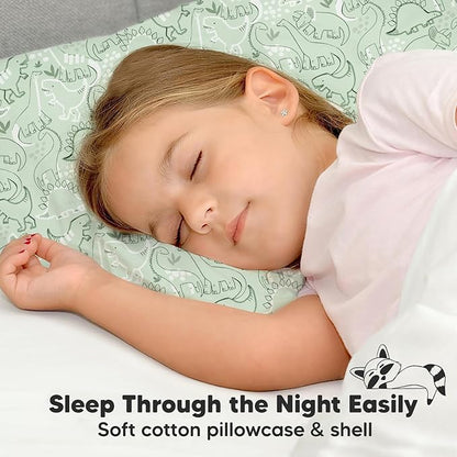 Toddler Pillow with Pillowcase - 13x18 My Little Dreamy Pillow, Organic Cotton Toddler Pillows for Sleeping, Kids Pillow, Travel Pillows, Mini Pillow, Nursery Pillow, Toddler Bed Pillow (DinoDood)