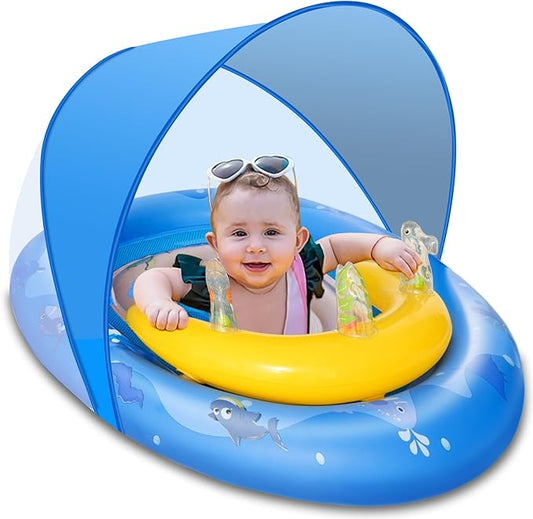 HYRIXDIRECT Baby Pool Float with Canopy Removable UPF 50+ UV Protection, 6-36 Months Babies Pool Floats Kids with Ocean Animal Toys and Adjustable Safety Seat for Beach