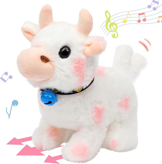 Hopearl Walking Cow Interactive Electronic Pet Plush Diary Cattle Toy with Sounds and Movements MOO Nodding Head Wag Tail Animated Gifts for Toddlers Birthday, Pink 7''