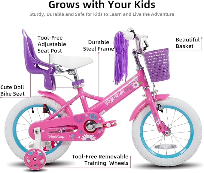 JOYSTAR Little Daisy Kids Bike for Girls Boys Ages 2-7 Years, 12 14 16 Inch Girls Bikes with Doll Bike Seat & Streamers