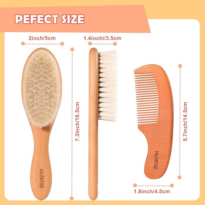Baby Hair Bush and Comb Set,Baby Hair Brush with Soft Goat Bristle and Wood Comb Set,Wooden Baby Brush Set for Newborns & Toddlers,Good for Cradle Cap Brush