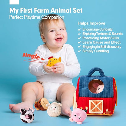 hahaland Baby Toys 6-12 Months - Surprise Barn with Stuffed Farm Animals, Rattle 1-3