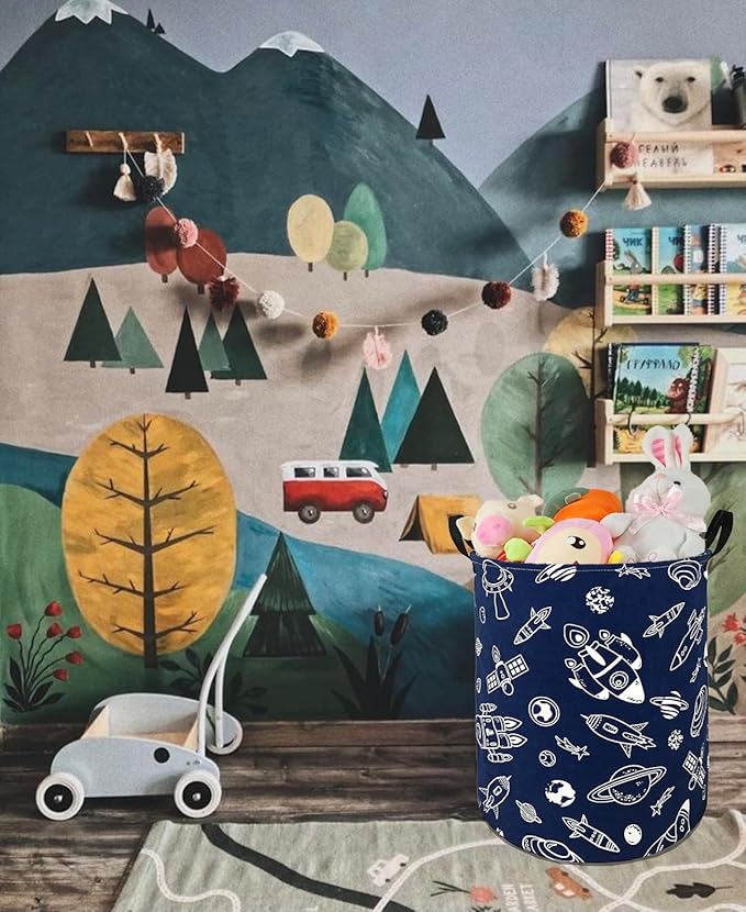 Round Spacecraft Pattern Laundry Hamper Storage Basket Organizer Hamper Storage