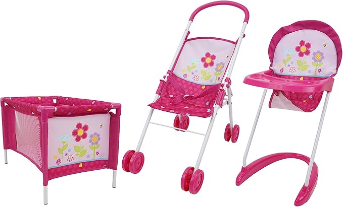 509 Crew Garden 3 Piece Stroll n Care - Doll Play Set Includes a Half Folding Stroller, Play Yard & Highchair 3+ (T801027)